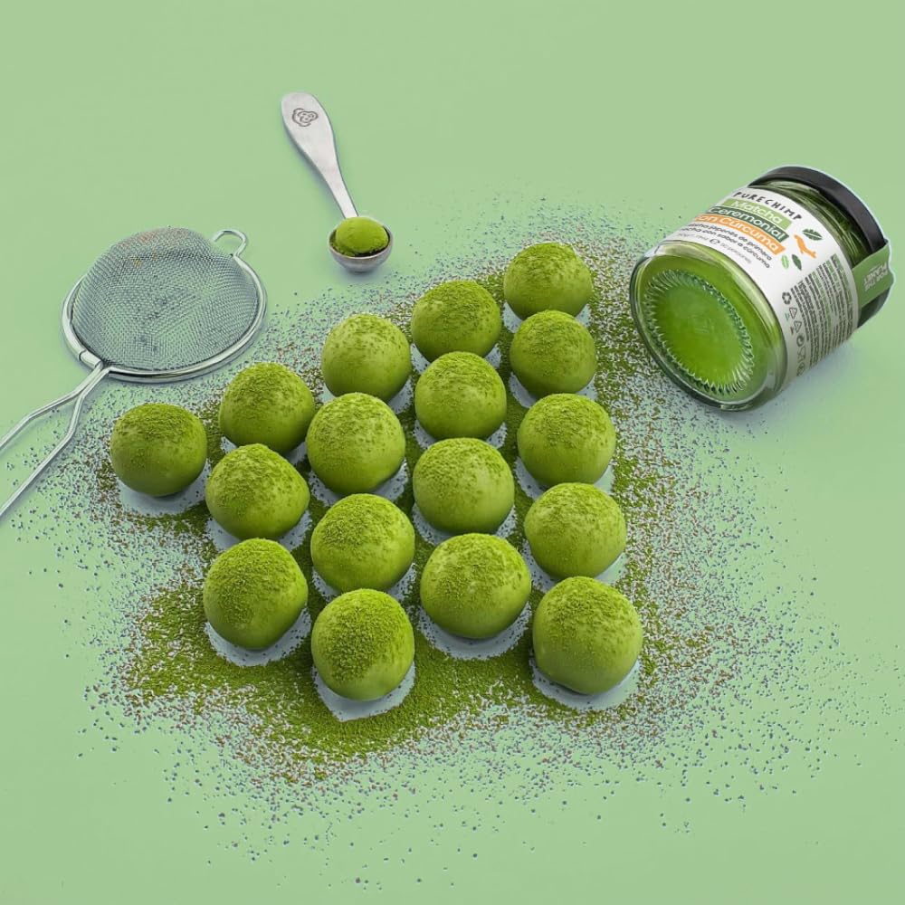 PureChimp Polvo de Matcha Ceremonial Sabor Cúrcuma 50g. 100% Té Verde Puro con Cúrcuma, Canela y Jengibre. Cultivado a la Sombra para Latte y Recetas. Tarro de Vidrio Reciclable. Rico en Antioxidantes
