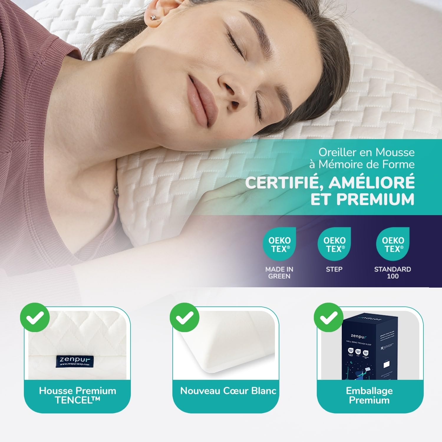 ZenPur Oreiller Cervical Mémoire de Forme 40x60 - Coussin Ergonomique Anti-Douleurs Cervicales - Mi-Ferme, Housse Bambou Premium, Certifié Oeko-TEX