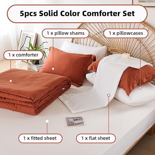 Miniatura 5 de Juego de edredón de 5 piezas  Juego de edredón de microfibra terracota para mujer  Juego de edredón reversible ultrasuave para todas las estaciones