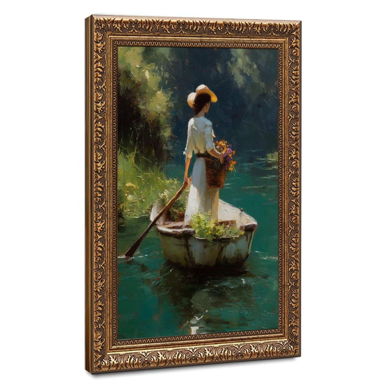Bareronor Turquoise Cottagecore Woman In Boat Canvas Poster Bedroom Decor Landscape Office Room Decor Gift 24" L X 36" W