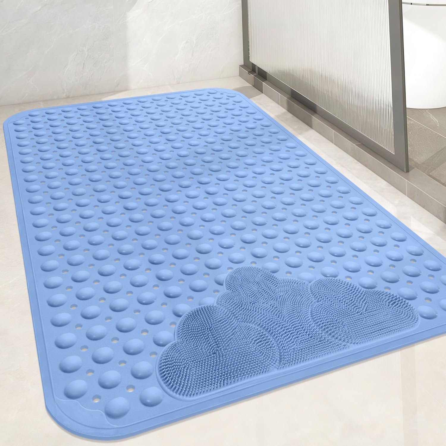 Tapis de douche antidérapant 106 x 66 cm – Extra long – Tapis de douche antidérapant confortable avec ventouses – Tapis de douche antidérapant en TPE – Lavable en machine (bleu, 106 x 66 cm)