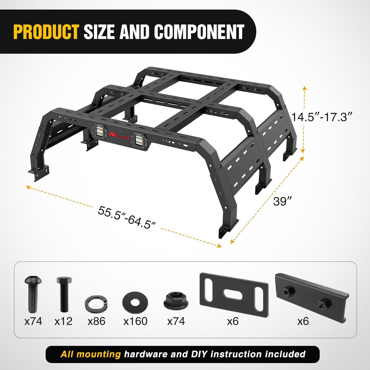 Nilight Truck Bed Cargo Rack Compatible with 2002-2024 Dodge Ram 1500 2014-2024 Chevy Silverado 1500 2009-2024 Ford F150 2007-2013 Toyota Tundra Overland Extender with 2Pcs LED Light Pods