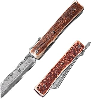Handmade Damascus Steel Japanese Razor Pocket Folding Knife with Genuine Deer Antler Handle