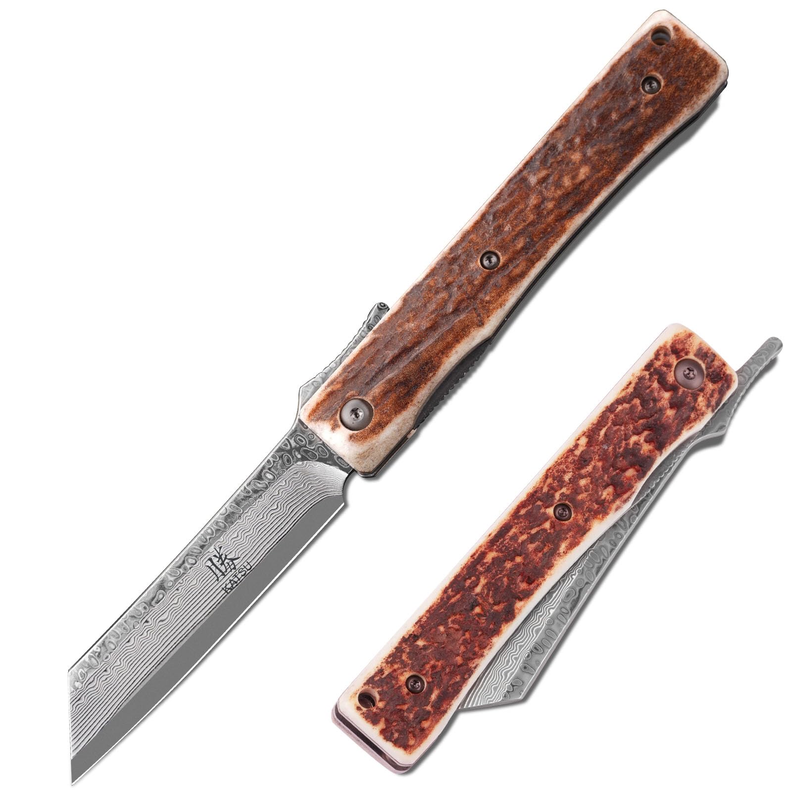 Handmade Damascus Steel Japanese Razor Pocket Folding Knife with Genuine Deer Antler Handle