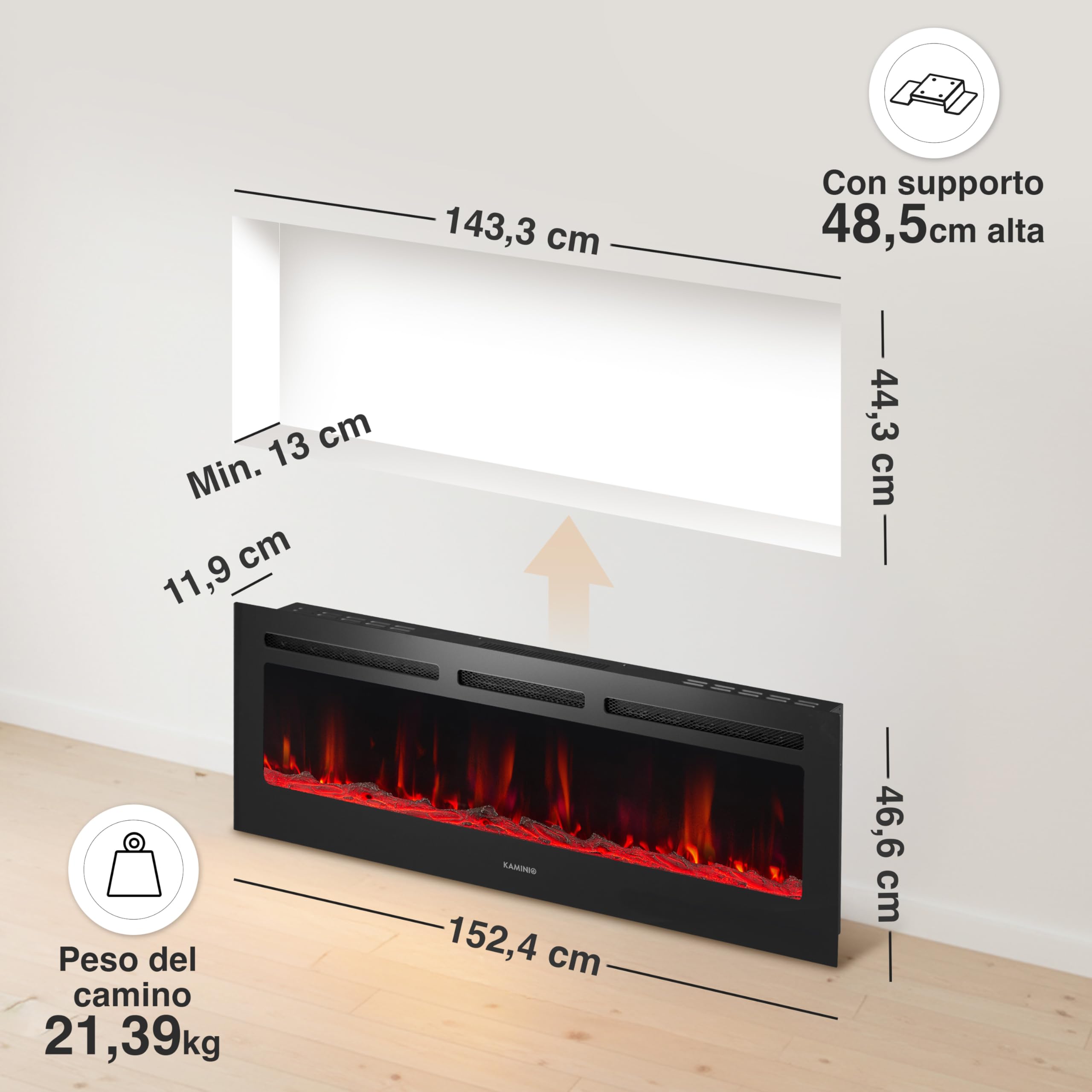 Kaminio Camino elettrico MARLON 3-in-1 con riscaldamento, effetto fiamma 3D, 12 colori, telecomando 60 pollici