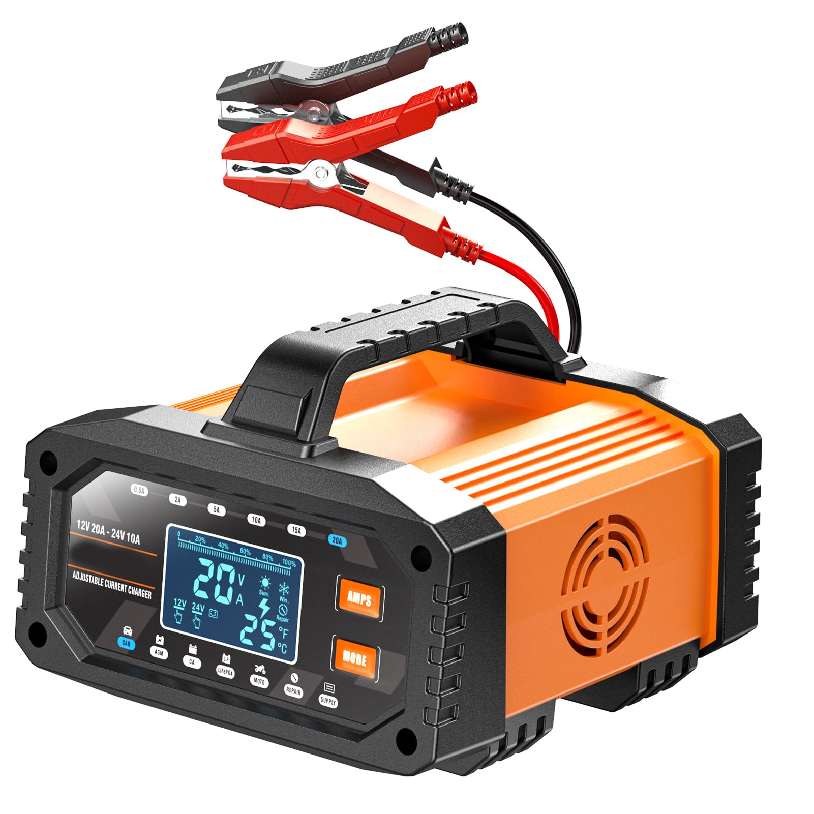 Yctze Caricabatterie Intelligente 12V 20A 24V 10A Caricabatteria per Auto Regolabile Manutentore di Mantenimento Automatico con Modalità di Riparazione a Impulsi per Auto Moto Cam (Spina europea)