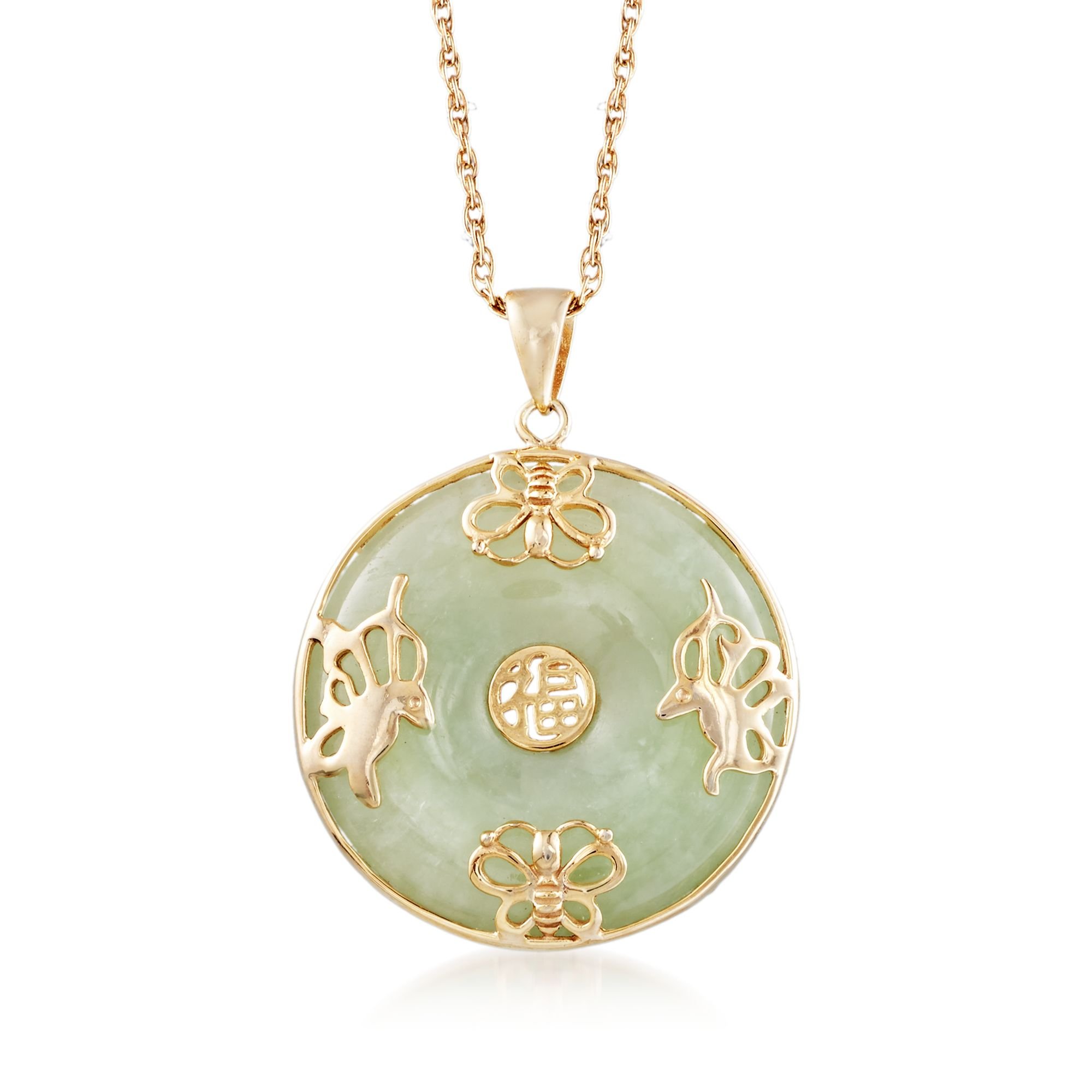 Ross-Simons Green Jade"Good Luck" Butterfly Pendant Necklace in 18kt Gold Over Sterling