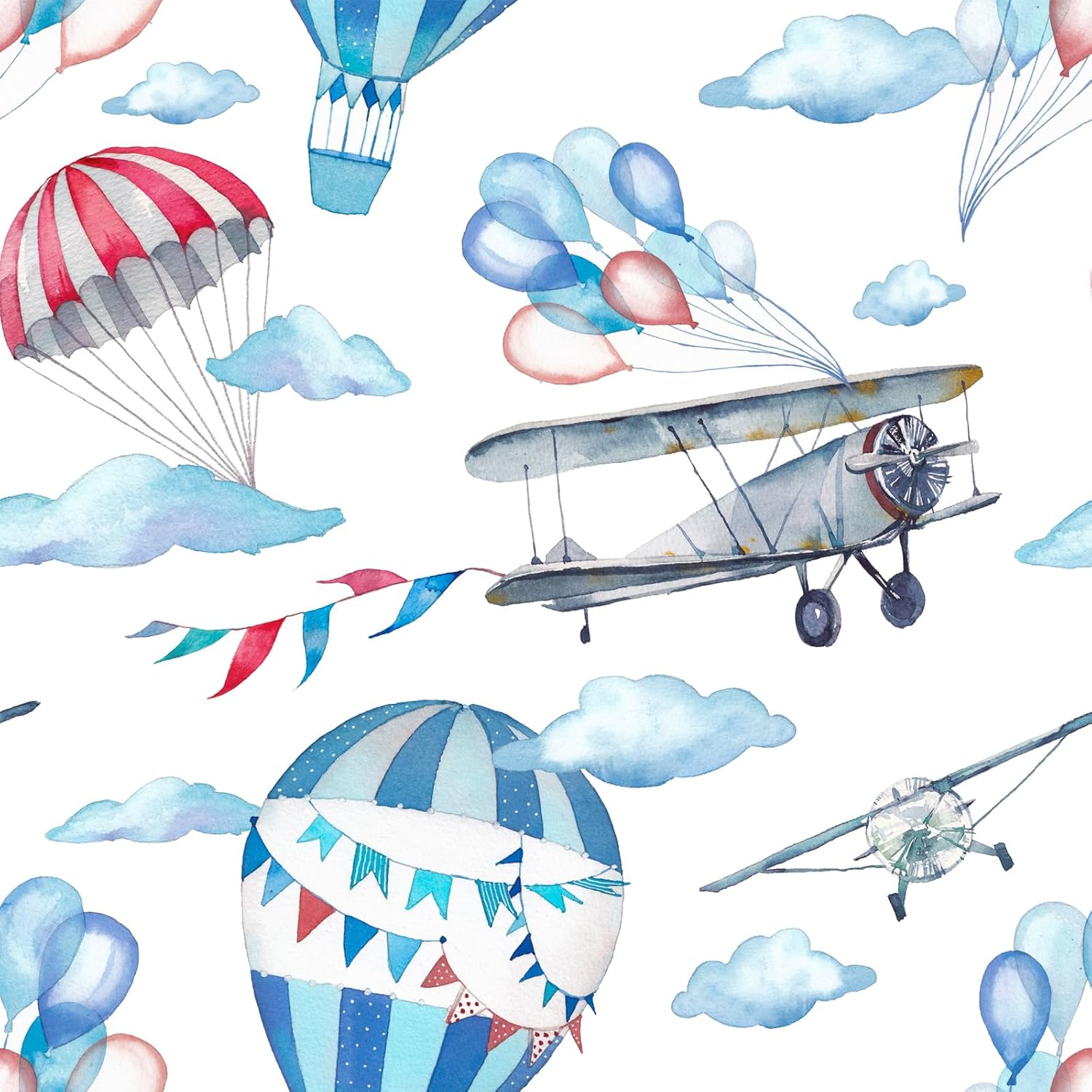 VaryStyle 17.7"x118" Bright Sky Wallpaper Kids Peel and Stick Wallpaper for Boys Room Blue/White Airplane/Balloon/Cloud Wallpaper Self Adhesive Removable Kids Contact Paper for Cabinets Walls Nursery