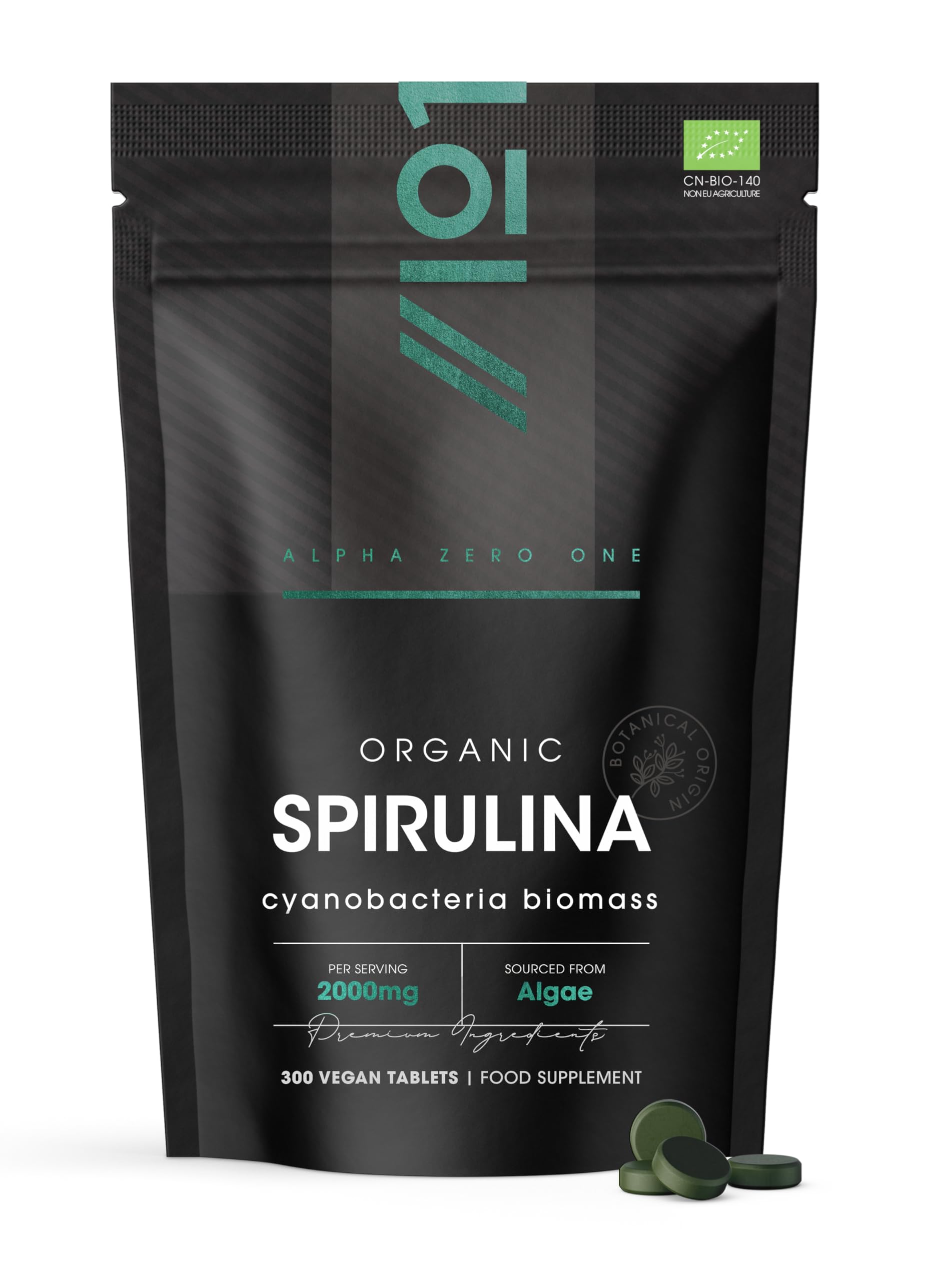 Organic Spirulina 2000mg – 300 Vegan Tablets - Cold Pressed with No Additives – Resealable and Recyclable Pouch by Alpha01