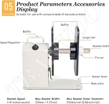 Automatic Label Rewinder Machine, Label Rewinding Machine, 1/1.5/3 Core Holder, Max Label Width 4.72, Bidirectional Rewinding, Speed Adjustable