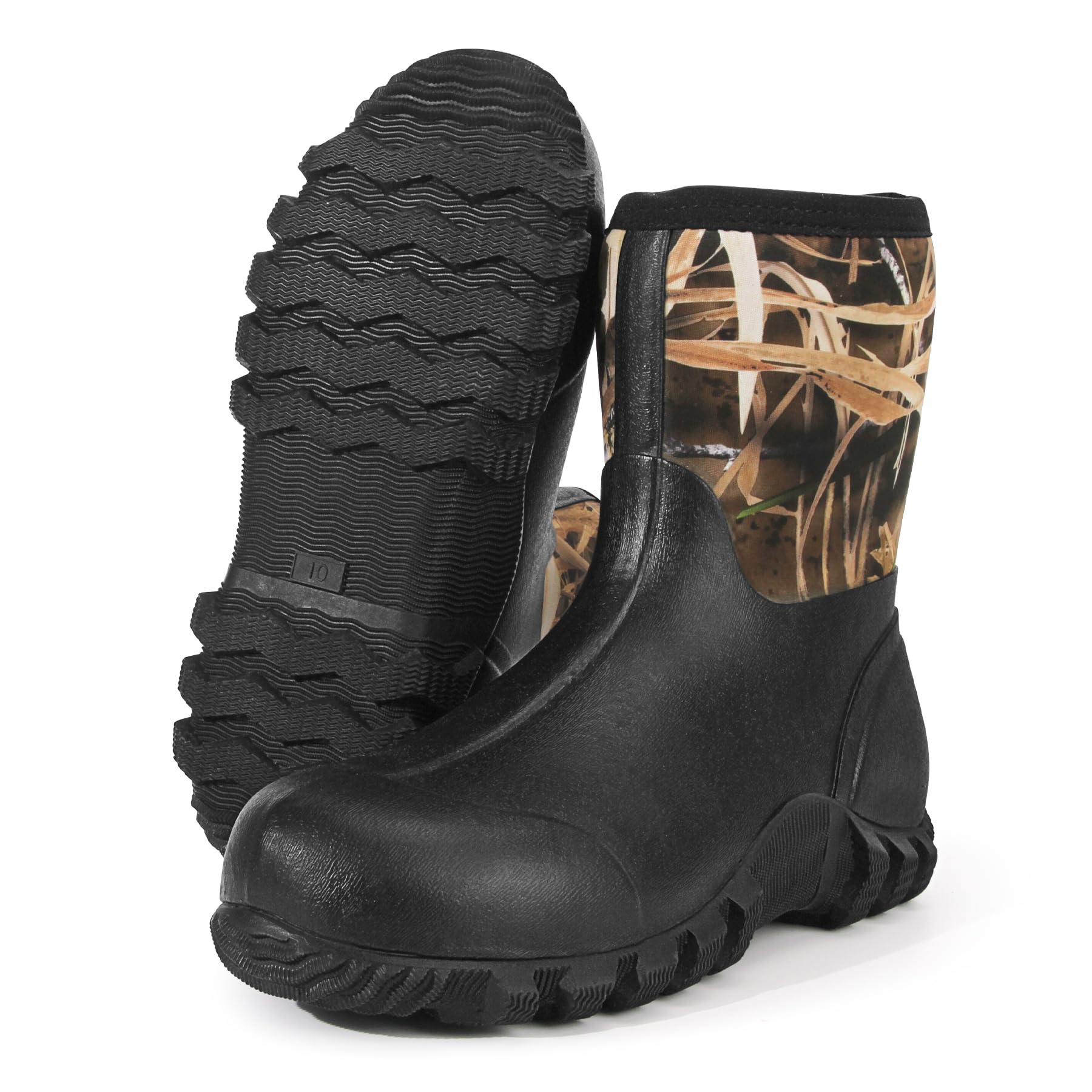 Avizon Stivali in neoprene impermeabili da uomo semi-gomma stivali con suola antiscivolo per agricoltura caccia e uso esterno nero/mimetico