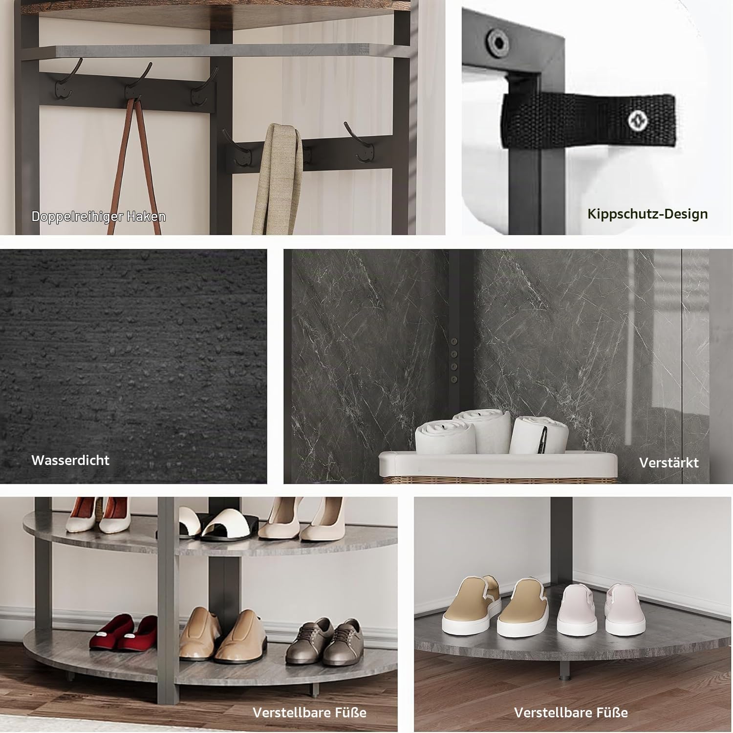 Garderobenständer Ecke, Eckgarderobe Metall mit 6 Doppelhaken/ Aufbewahrungsregal/ Schuhregal Offene Kleiderständer Flurregal Platzsparend Industrial Design für Flur Wohnzimmer Schlafzimmer Büro Grau
