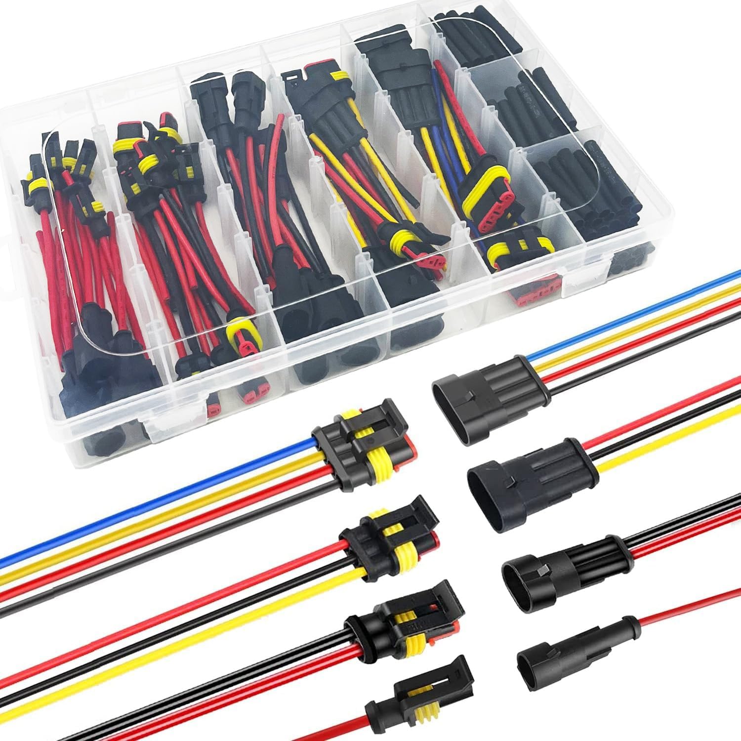 14 AWG 1/2/3/4 Wire Connector Waterproof Wire Connectors 1/2/3/4 Pin Automotive Electrical Connectors Plug with 14 Gauge Wires and 86pcs Heat Shrink Tubing Kit (20set)