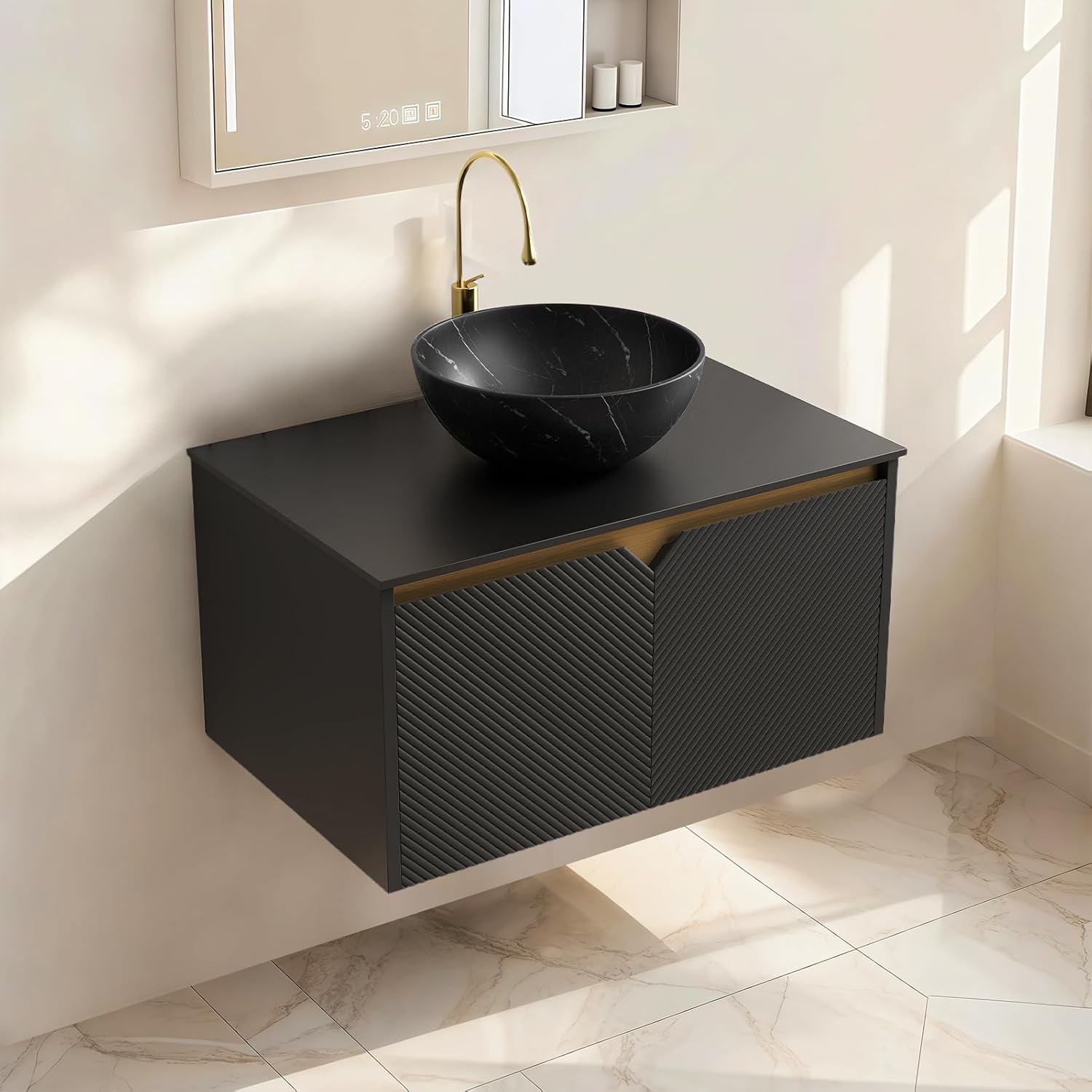 LKTART Floating 30 Inch Bathroom Vanity with Sink, Modern Wall Mounted Bathroom Storage Cabinet, Metal Stripes and 2 Doors, Black Bowl Ceramic Sink with Stone Pattern and Black Sintered Stone Top