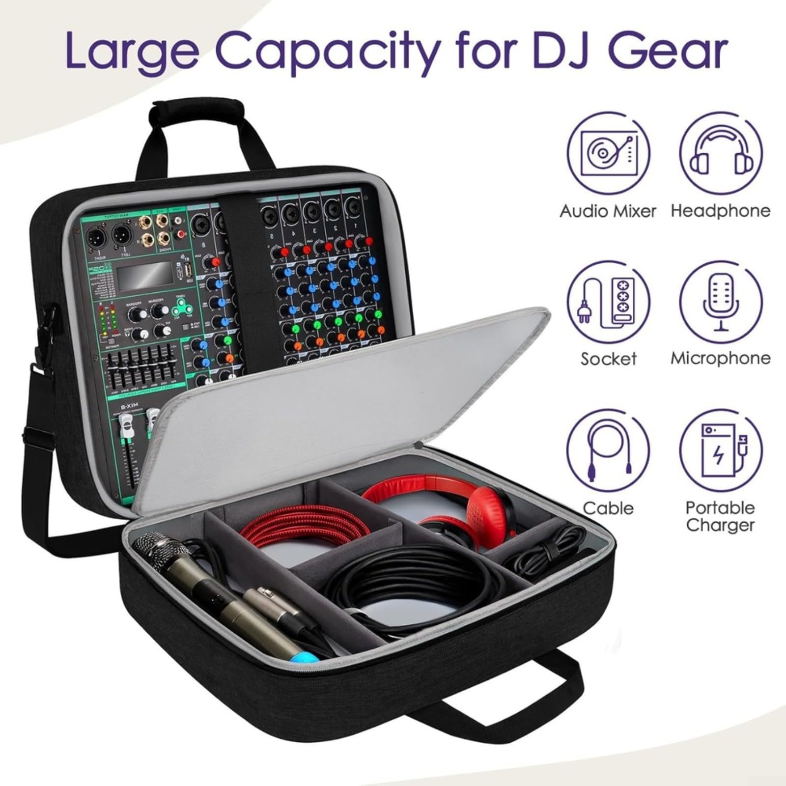 Sac de rangement professionnel pour mixeur audio avec séparateurs réglables et rembourrage épais pour équipement d'enregistrement de podcast RODECaster Pro 2 GOXLR Noir en polyester