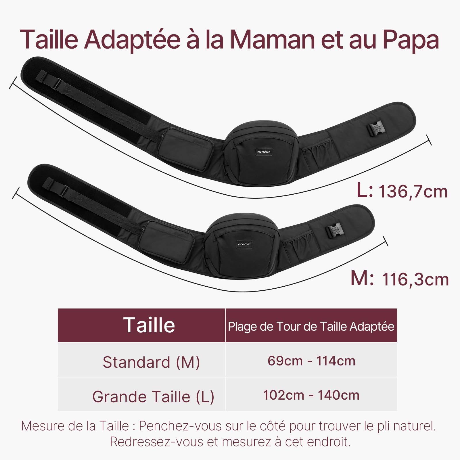 Porte-bébé Momcozy certifié CPC - Ceinture ajustable avec Protecteur Ventral Original 3D, Porte-bébé ergonomique avec plusieurs poches pour nouveau-nés et bambins jusqu'à 45lbs (Noir, Moyen)