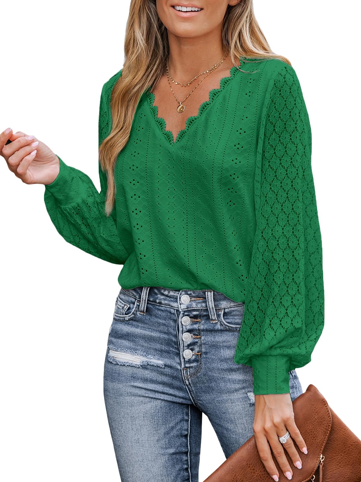 CUPSHE Damen Blusen V-Ausschnitt Spitzen Wellenkante Puffärmel Langarmshirt Lässige Lace Oberteile Tunika Bluse Tops