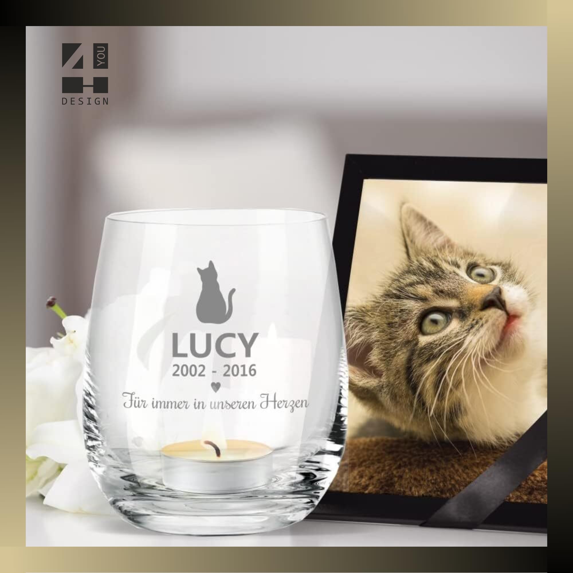 4you Design Trauerlicht Katze personalisiert mit Name & Datum – Trauer Geschenk für Katzenliebhaber – Kerze als Andenken zur Urne – Andenken an den Liebling
