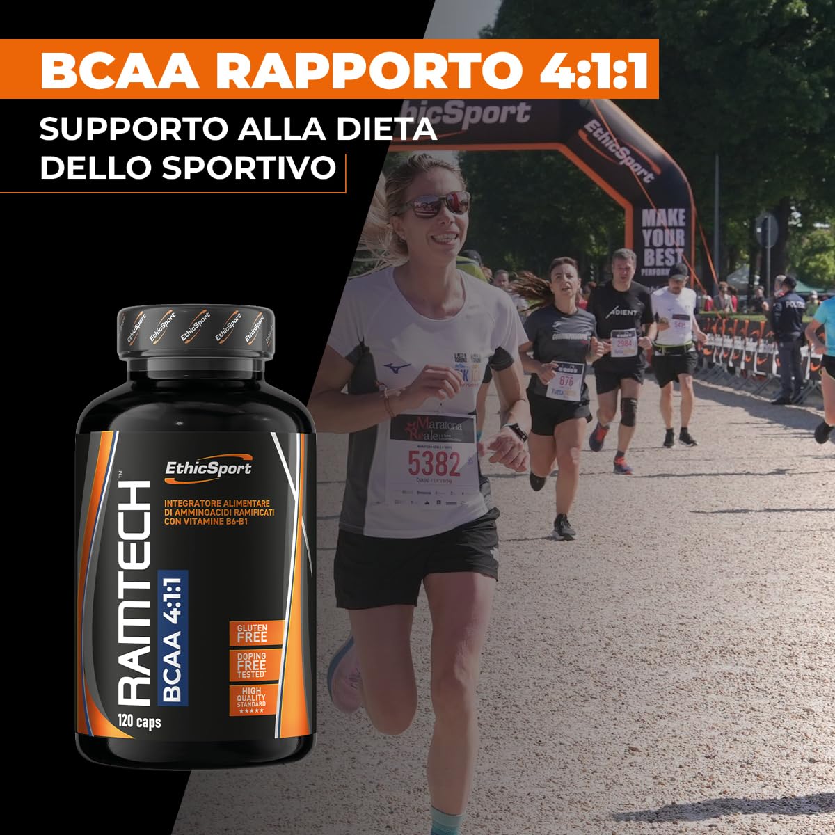 EthicSport Ramtech BCAA 4:1:1 – Aminoacidi ramificati con vitamine B1 e B6 – Supporto nutrizionale per sport intensi – 120 capsule – Doping free tested*