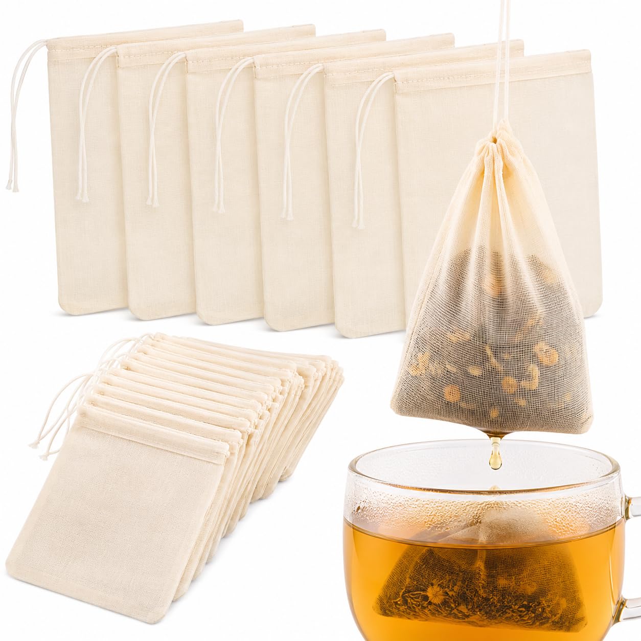 MEUBELS Tea Filters Strainer Bags Reusable Coffee Brew Herb Cheesecloth Muslin Drawstring Mesh Bag with Drawstring Safe Penetration Unbleached for Loose Leaf Tea Office Home Kitchen, 4x3 Inch (10)