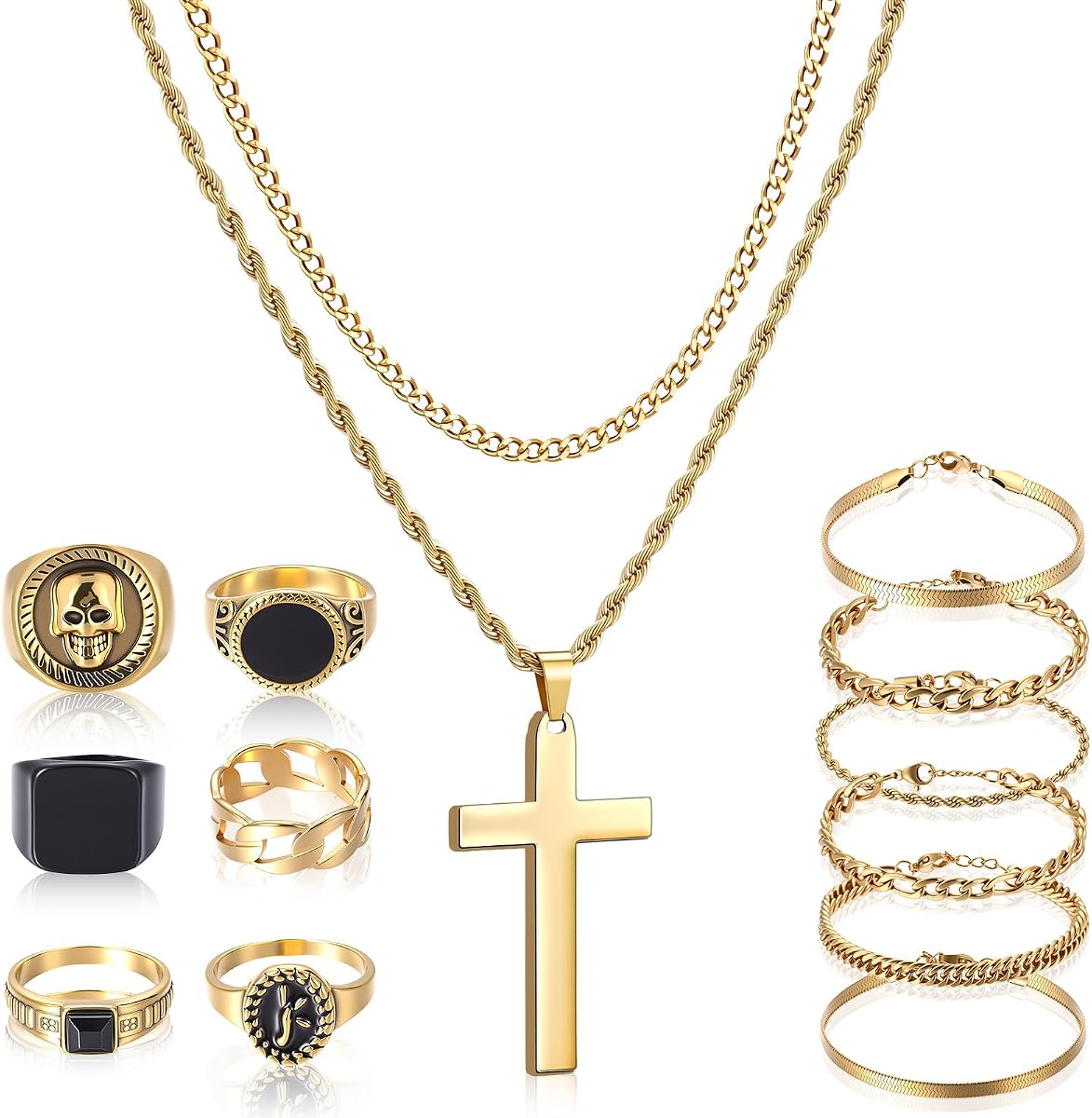 Kigeli 15 Pcs Gold/Silver Jewelry Set for Men Cross Pendant Necklace Cuban Bracelet Vintage Ring Gothic Hip Hop Jewelry Set