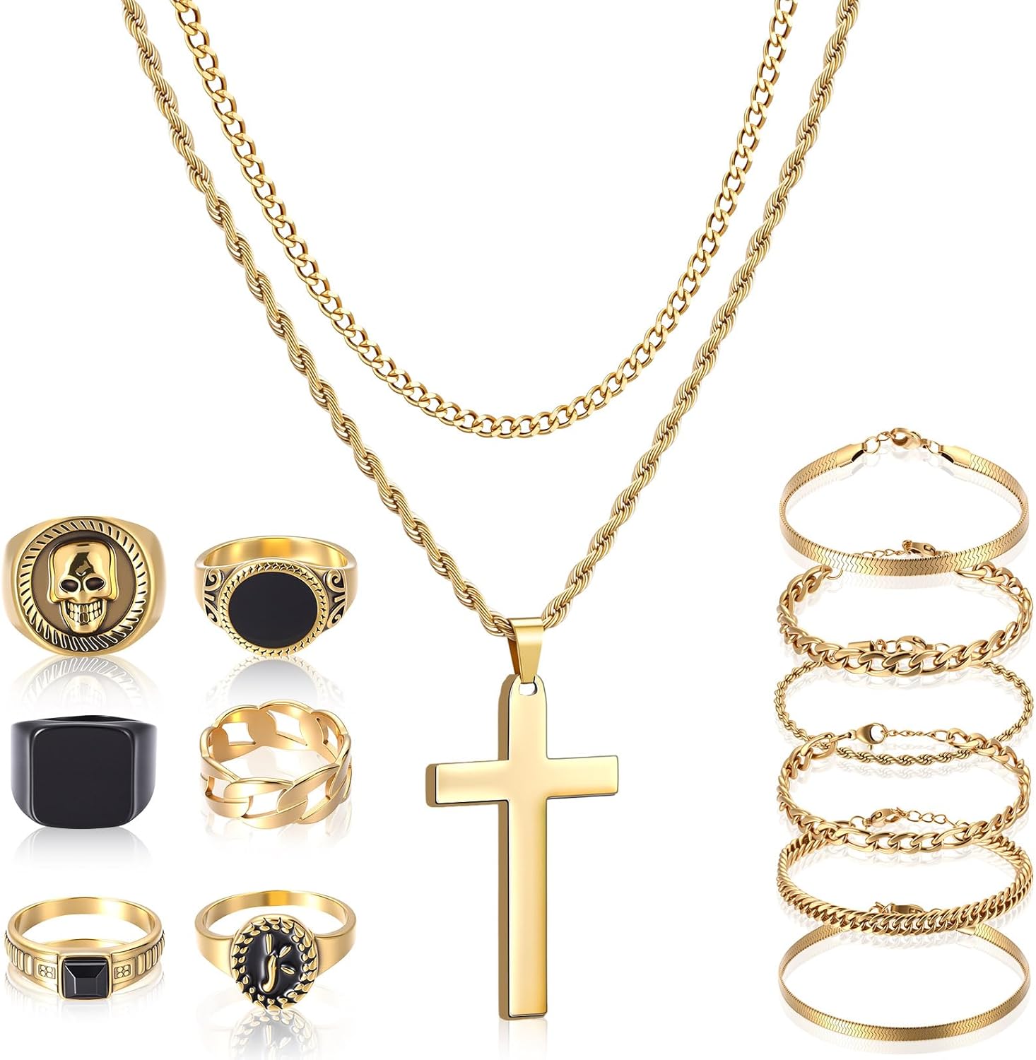 Kigeli 15 Pcs Gold/Silver Jewelry Set for Men Cross Pendant Necklace Cuban Bracelet Vintage Ring Gothic Hip Hop Jewelry Set