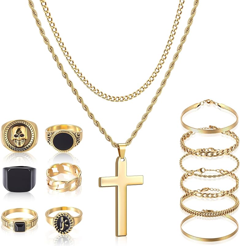Kigeli 15 Pcs Gold/Silver Jewelry Set for Men Cross Pendant Necklace Cuban Bracelet Vintage Ring Gothic Hip Hop Jewelry Set