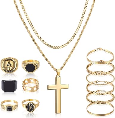 Kigeli 15 Pcs Gold/Silver Jewelry Set for Men Cross Pendant Necklace Cuban Bracelet Vintage Ring Gothic Hip Hop Jewelry Set