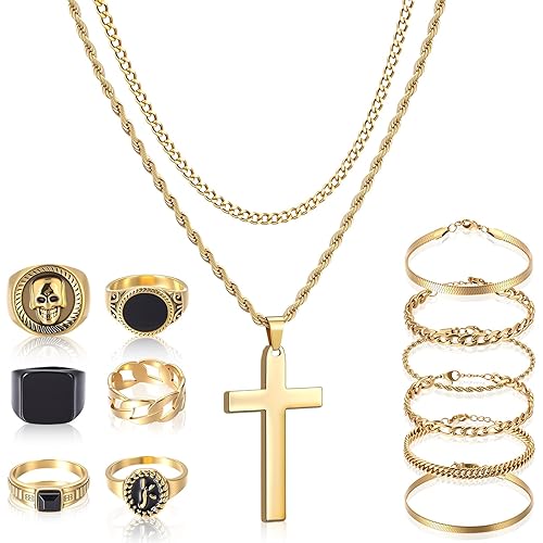 Kigeli 15 Pcs Gold/Silver Jewelry Set for Men Cross Pendant Necklace Cuban Bracelet Vintage Ring Gothic Hip Hop Jewelry Set