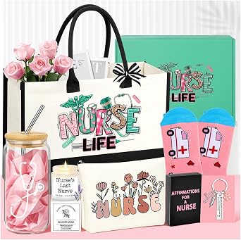DOGMEM Nurse Gifts Nurse Appreciation Gift Set for Women | Nurses Week Gifts Birthday Gift for Nurses Gifts, Nursing Student with Canvas Bag Socks Affirmations Cards 16 Oz Can Glass