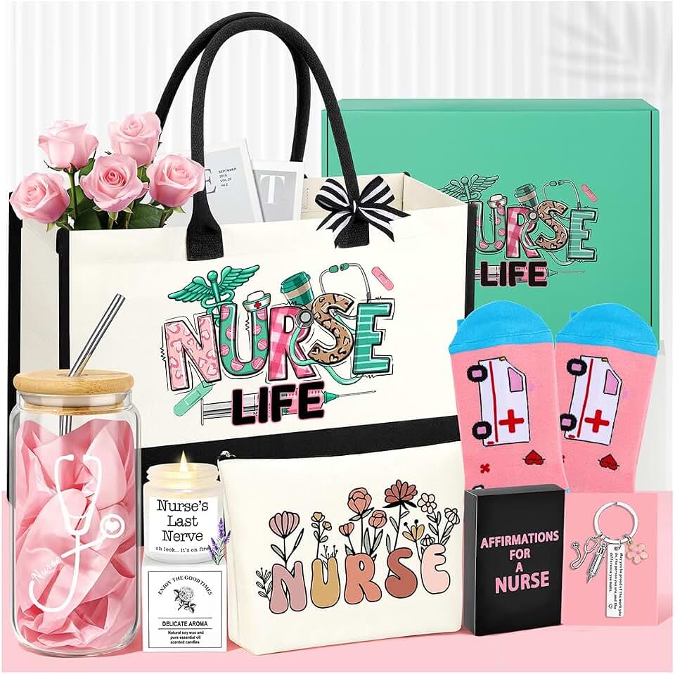 DOGMEM Nurse Gifts Nurse Appreciation Gift Set for Women | Nurses Week Gifts Birthday Gift for Nurses Gifts, Nursing Student with Canvas Bag Socks Affirmations Cards 16 Oz Can Glass