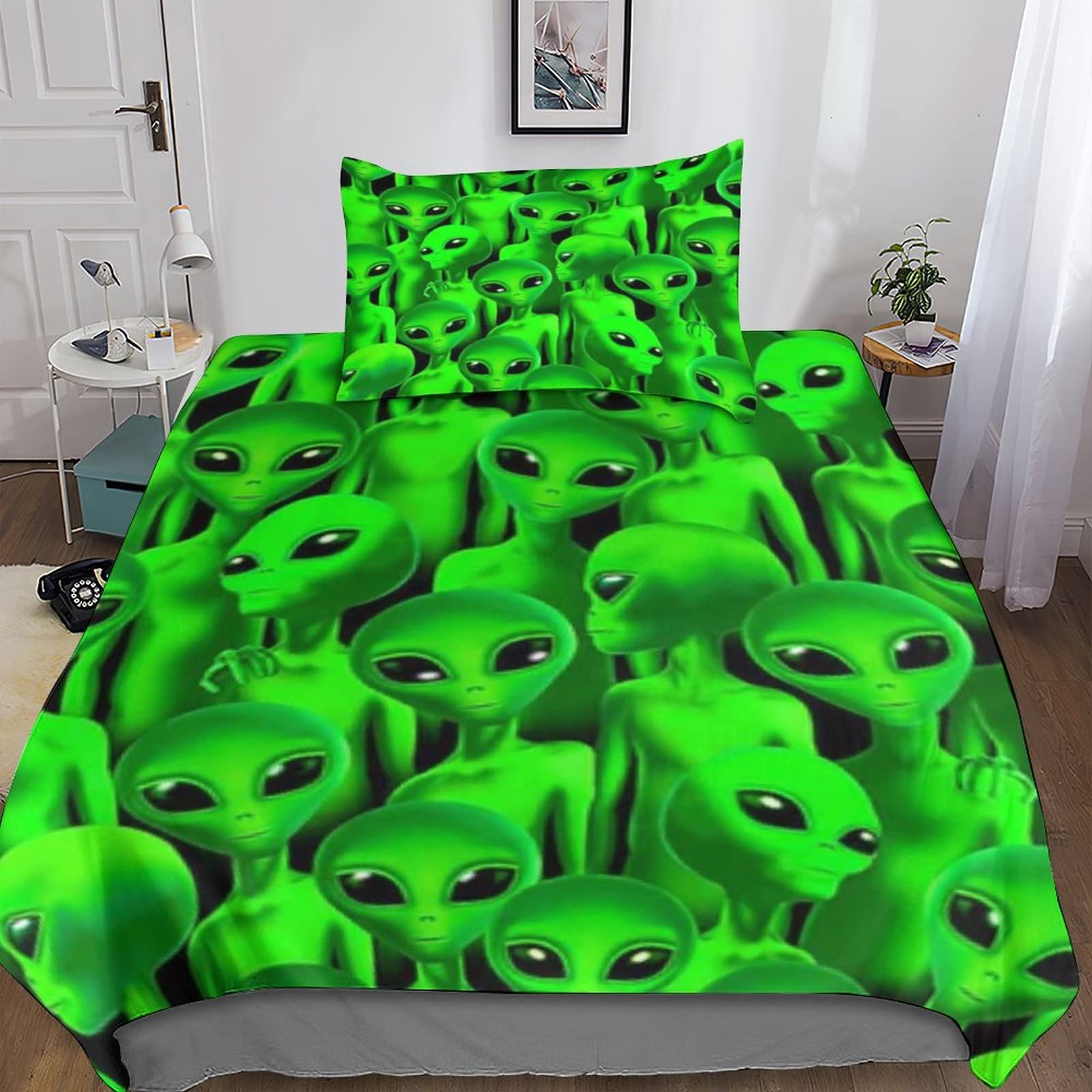 Parure de lit green alien avec couette 135x200cm en microfibre 3D pour lit enfant 2 pièces