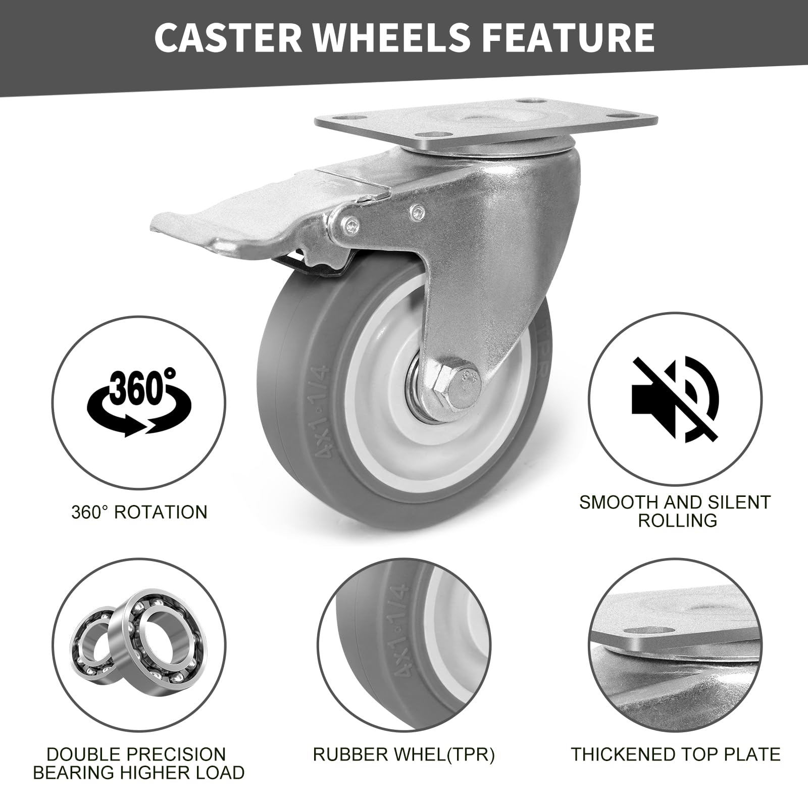 Castor Wheels Moving Caster Wheels Heavy Duty 4 Pack Swivel Wheels For Furniture Trolley Wheels Rubber Industrial Transport Plate Caster,Silent Wheel(Brake Universal100mm) (Brake 100mm - View #10