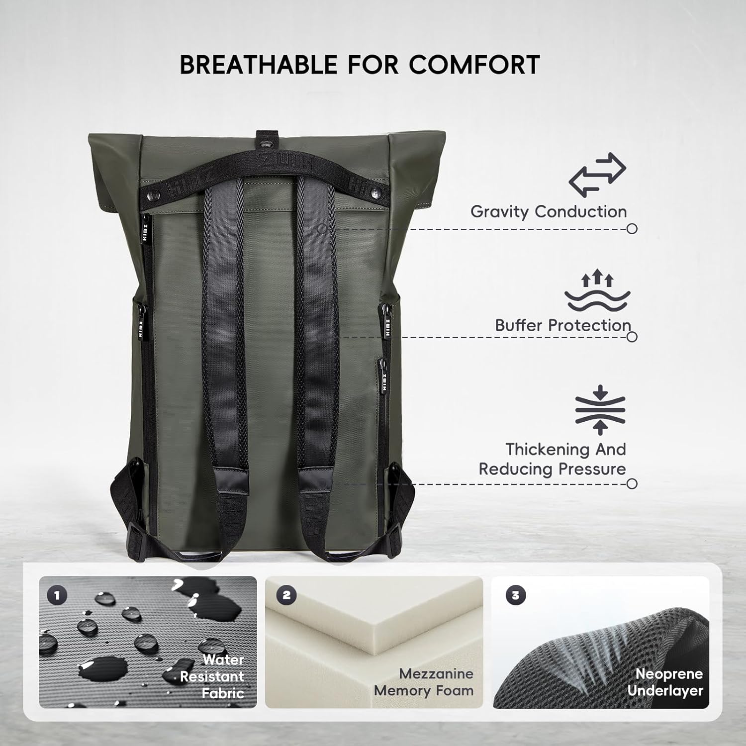 Casual Daypack Backpack for Women Heavy Duty Large Roll Top Rucksack Backpack for Adult Men Lightweight Backpack for Travel Green