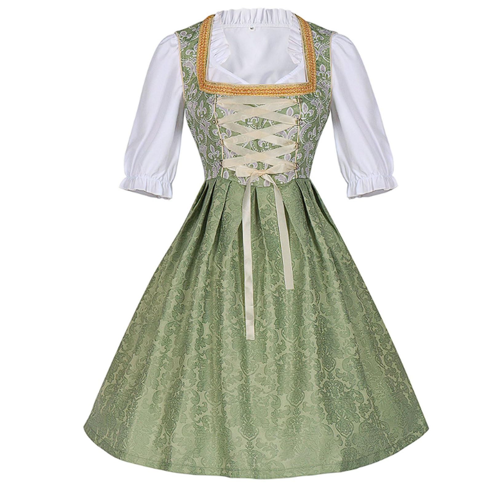 Elegante Giacca da Birra in Poliestere, Abito da Cameriera, Abito da Lavoro da Bar Verde e Beige con Grembiule in Rete Ricamato, Cerniera Laterale