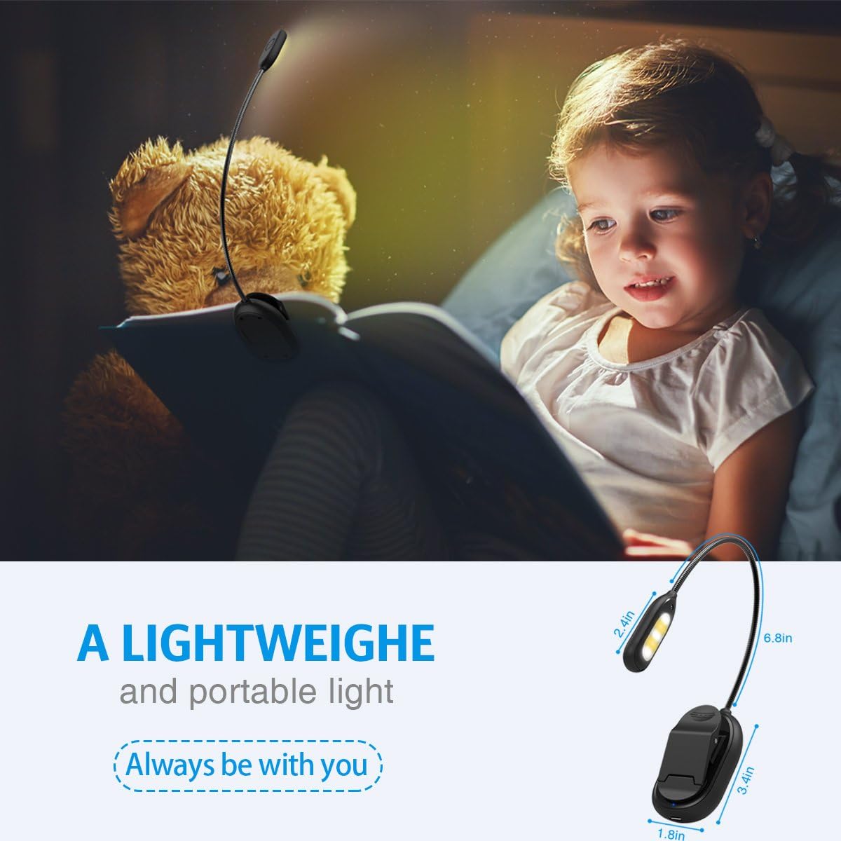 AMIR Upgraded Rechargeable 5 LED Mini Book Light, Clip on Reading Light, 3 Colors x 3 Levels Brightness Eye-Care Reading Lamp, 4.4 oz Lightweight, up to 60 Hours Reading (9 Levels)