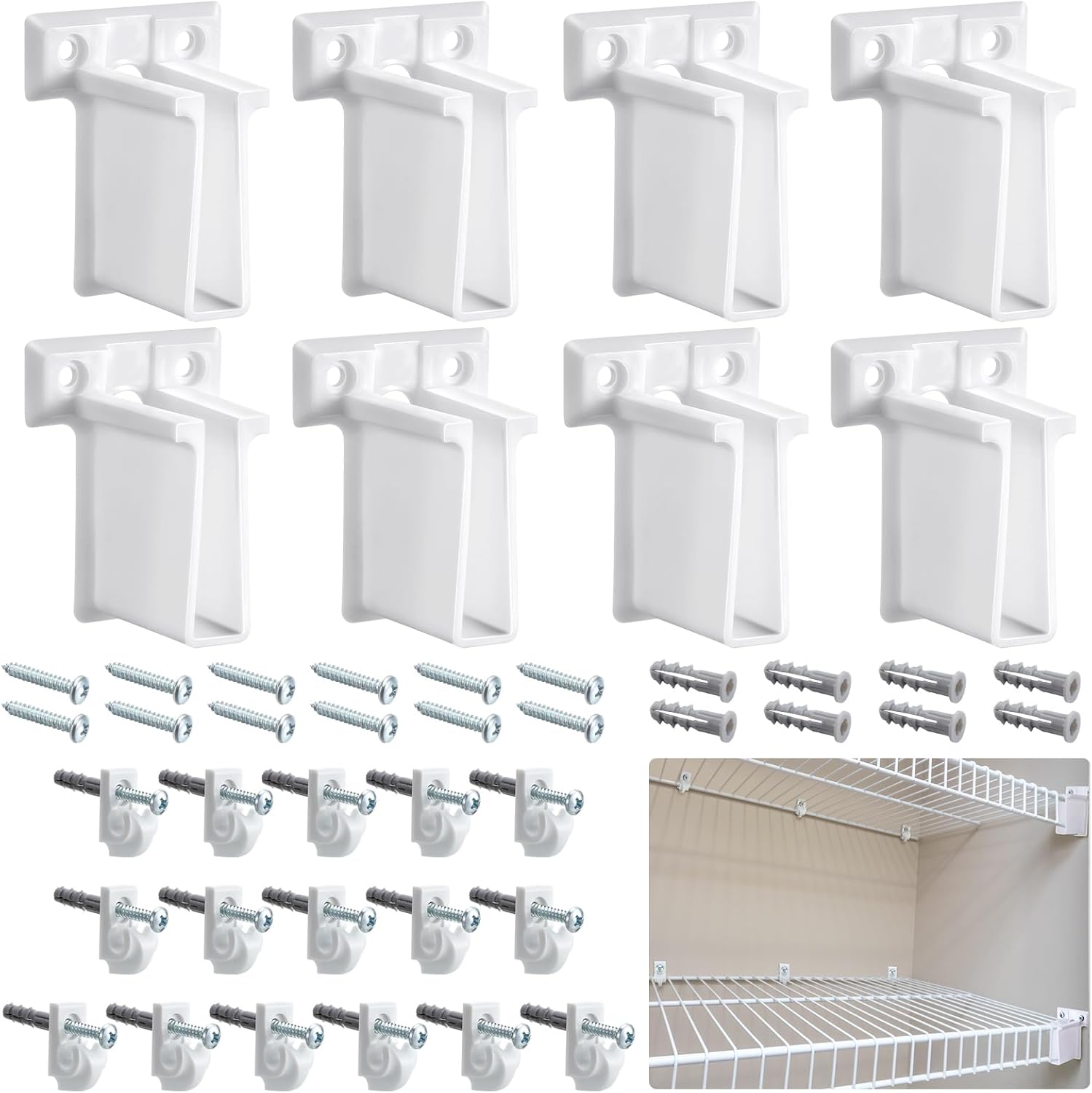 Yousoontic 24 Pcs White Down Wall Clips and Wire Shelf End Bracket Set Include 16 Plastic Closet Shelves Clips 8 Corner Support Bracket Replacement Wire Accessories with Screws