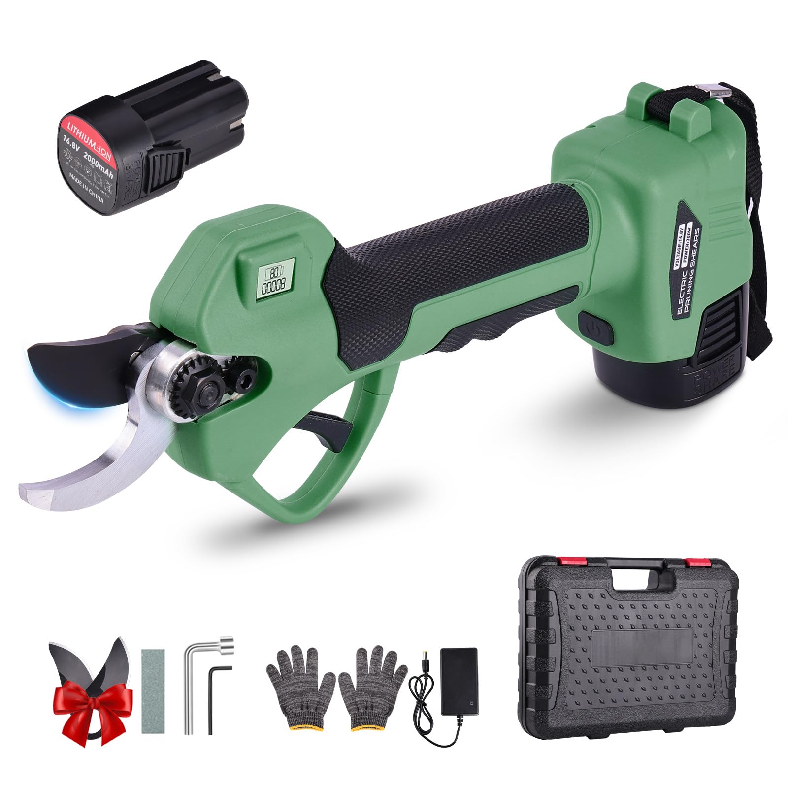Tijeras de Podar Eléctricas 35mm Profesionales Tijeras de Podar con Baterías 21V 2x 2000Amh Ultraligera SK5 LCD Motor para Viñedos, Olivos, Árboles Frutales Verde