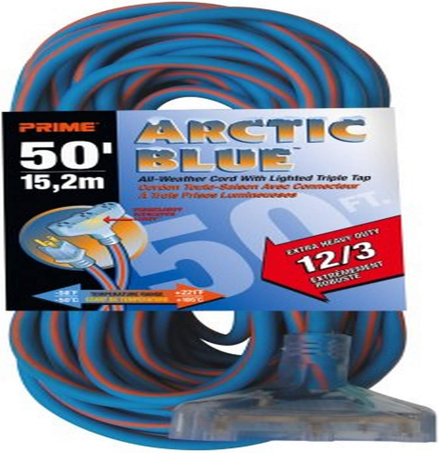 Prime LT630830 Ultra Heavy Duty 50-Foot Triple Tap Artic Blue All-Weather TPE Extension Cord
