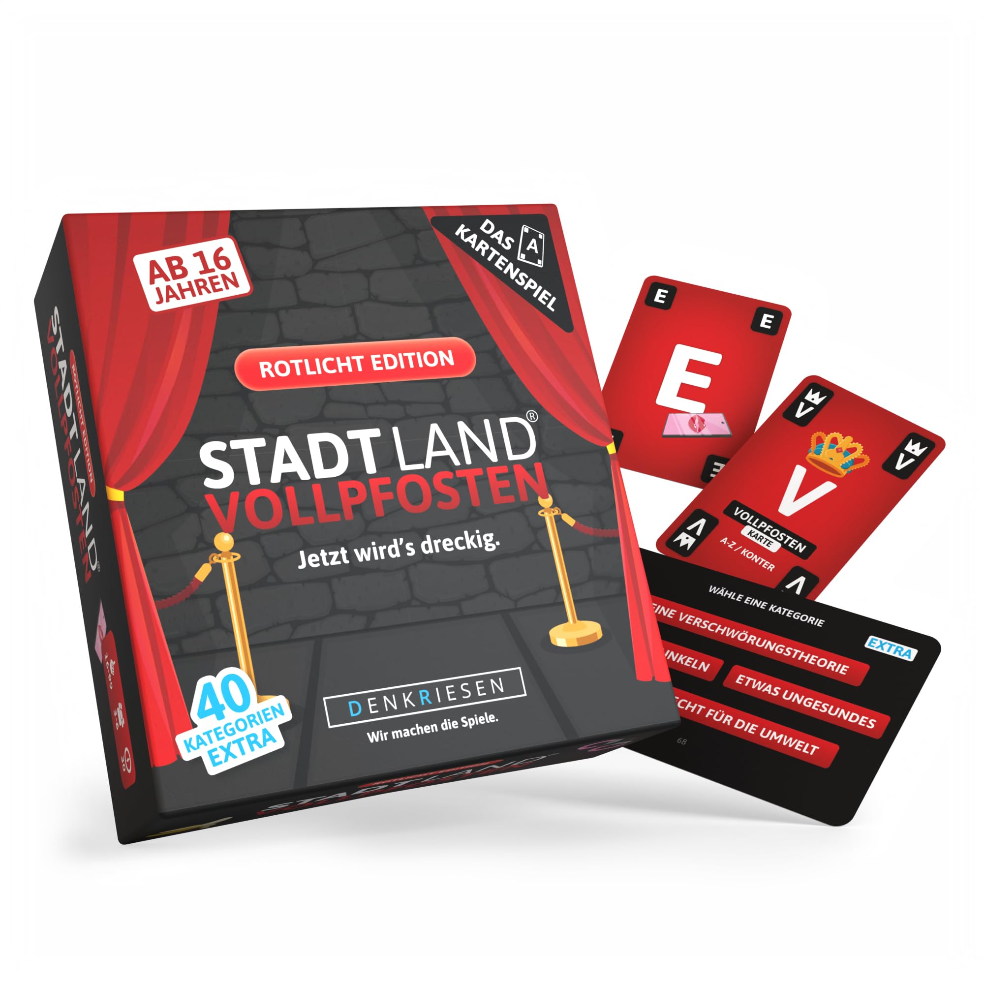 DENKRIESEN - Stadt Land Vollpfosten® – Das Kartenspiel - Rotlicht Edition - 'Jetzt wird's dreckig.' | Geschenk | Reisespiel | 240 Kategorien | ab 16 Jahren | 3-6 Spieler | Party | Stadt Land Fluss