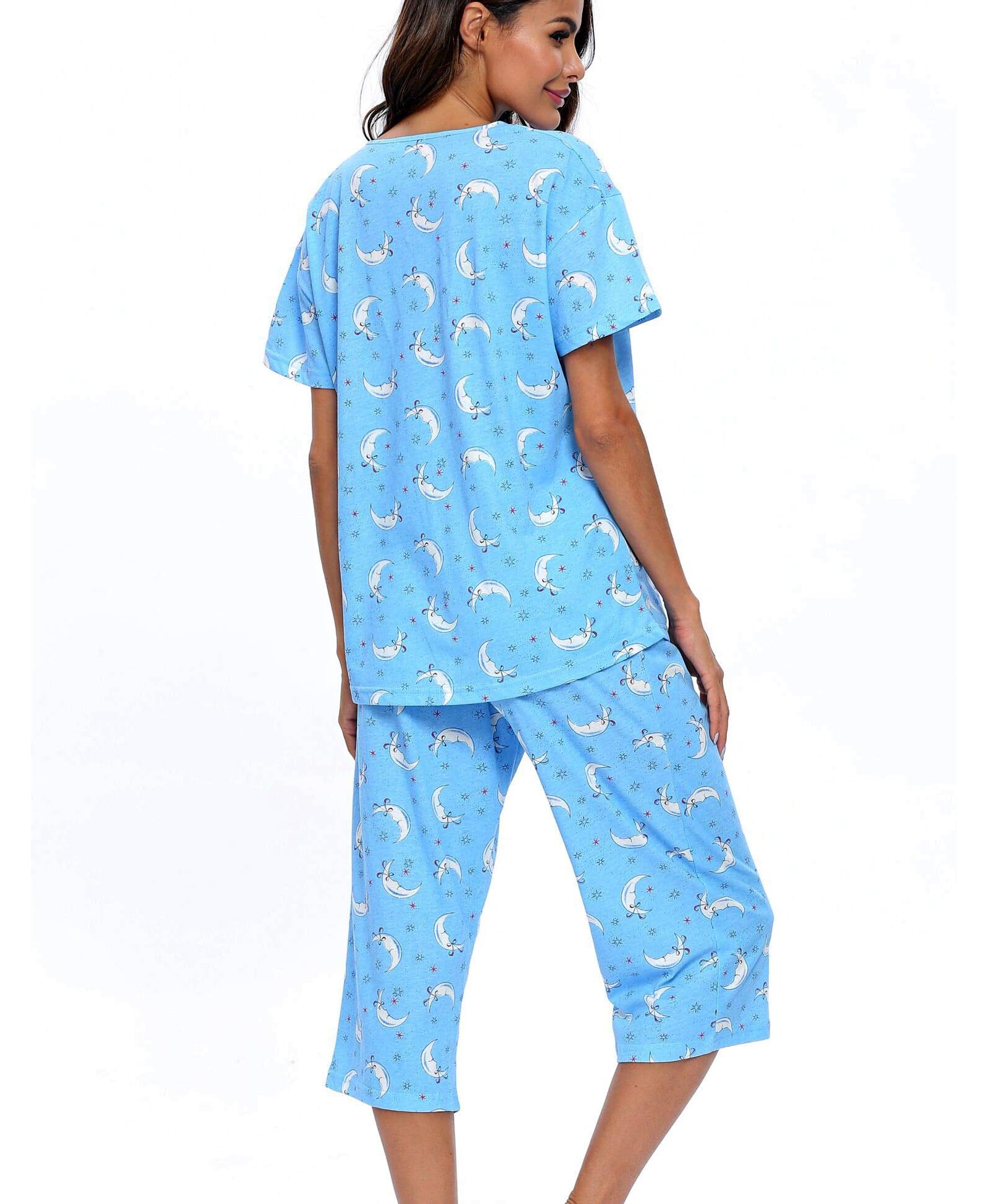 Schlafanzug Damen Zweiteiliger Pyjama Sommer Nachtwäsche Kurz Baumwolle Hausanzug Capri Sleepwear Oberteil und 3/4 Hose S-XXL