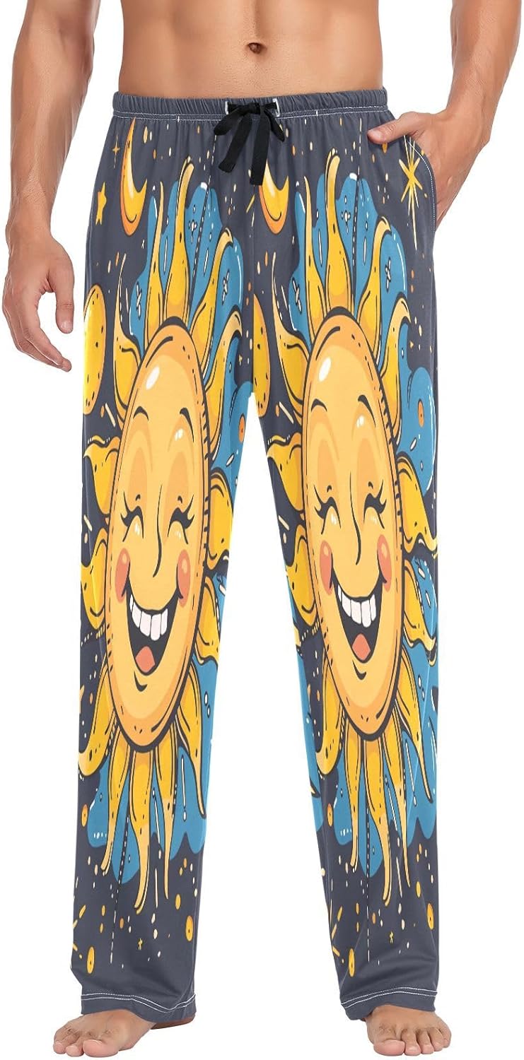 ALAZA Sun Moon Star Cartoon Funny Men's Pajama Pants Men Cotton Pajama Bottoms with Pockets, S