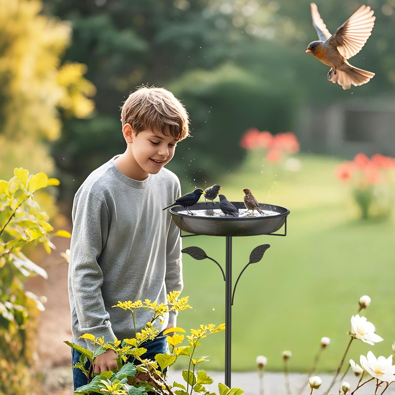 WELDUN Vogeltränke Vogelbad 30CM, Futter Schale Stehend für Draußen Garten, Metall Vogelbecken Wassertränke für Wildvögel, Vogeltränke Winterfest Futter Wasserschale
