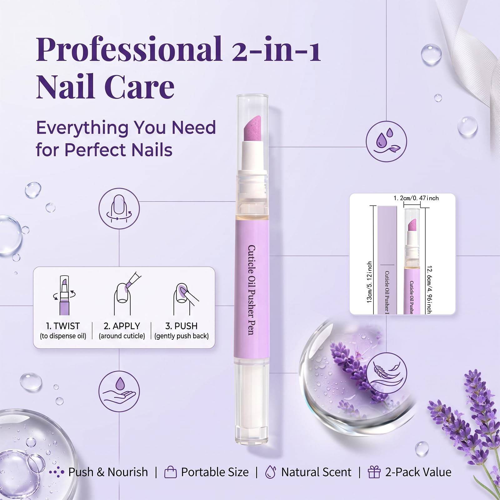 Penna Olio Cuticole 2 in 1 con Punta in Ceramica, Spingi Cuticole e Olio Cuticole Unghie, Cuticle Remover per Cuticole Secche e Danneggiate, Trattamento Idratante per Unghie (2 Pezzi)
