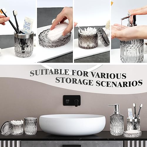 Miniatura 10 de Ulable Juego de accesorios de baño, 5 piezas, dispensador de jabón de baño, juego de accesorios de baño de vidrio verde con dispensador de loción,