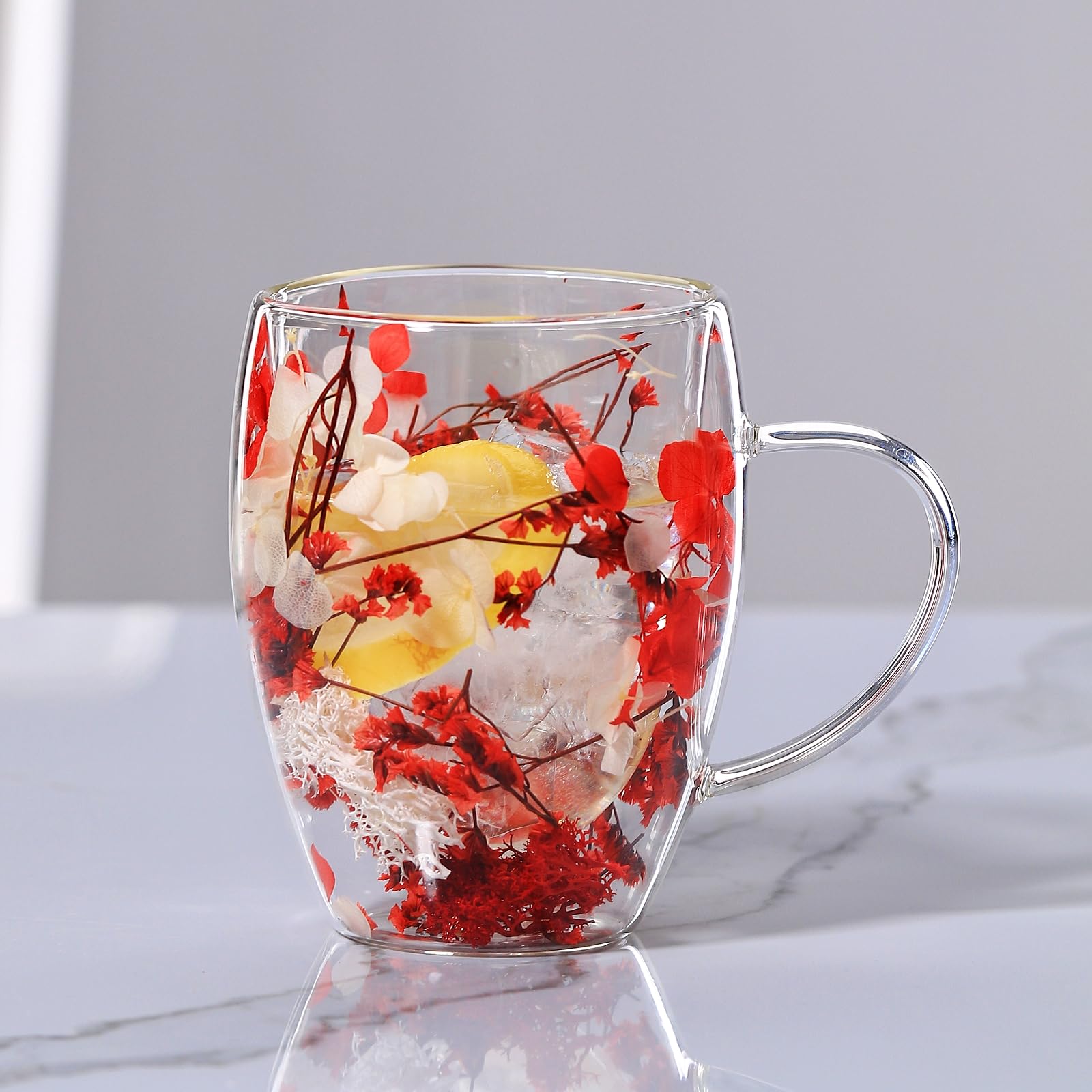 Tazza in Vetro Doppio Strato con Fiori Secchi, Tazze da Caffè con Fiori Artistici, Graziose Tazze Tè con Manico Resistente al Calore Regali Ideali per Compleanno Natale Perfette per Donna Ragazze (A