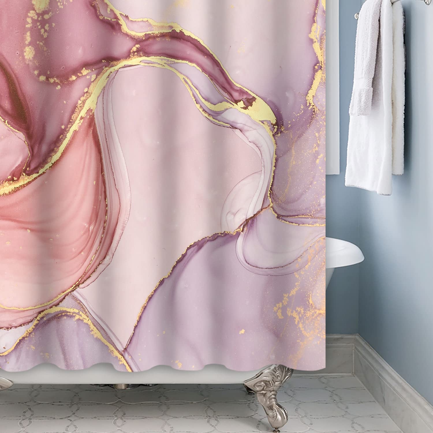 SDOTPMT 152x183cm Marble Shower Curtain Mixed Pink Purple Luxury Texture Golden Powder Bath Curtain Abstract Smooth Swirl Bathtub Curtain for Bathroom Fabric Polyester Waterproof with Hooks - Image 2