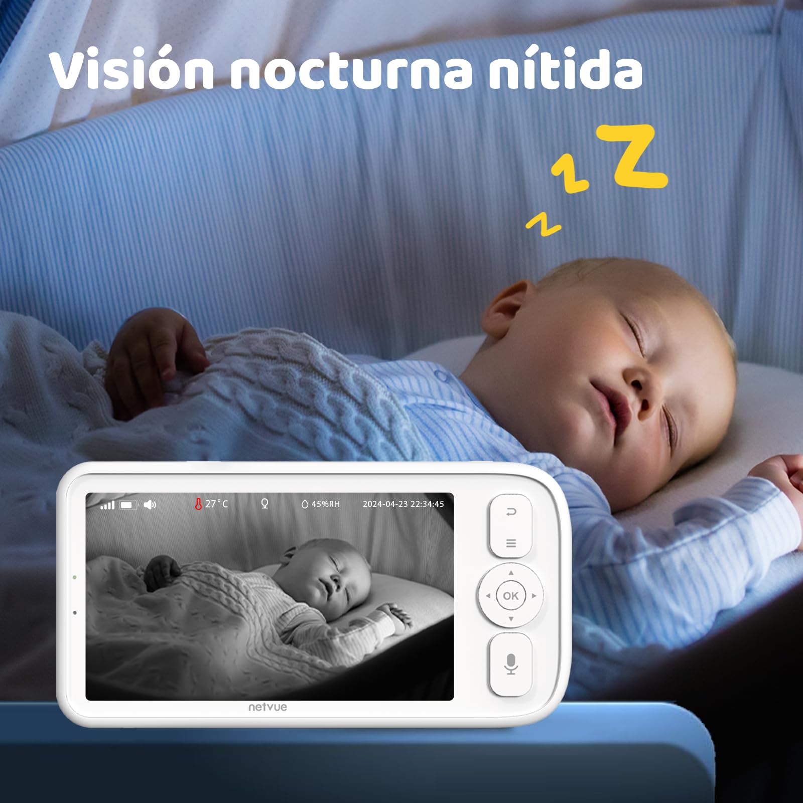 NETVUE Camara Vigilancia Bebe con Soporte 4 en 1, Inalámbrico 5000mAh 5" Vigilabebes con Camara, Baby Monitor con App, Visión Nocturna, Audio Bidireccional, VOX, Detección de llanto, sin WiFi