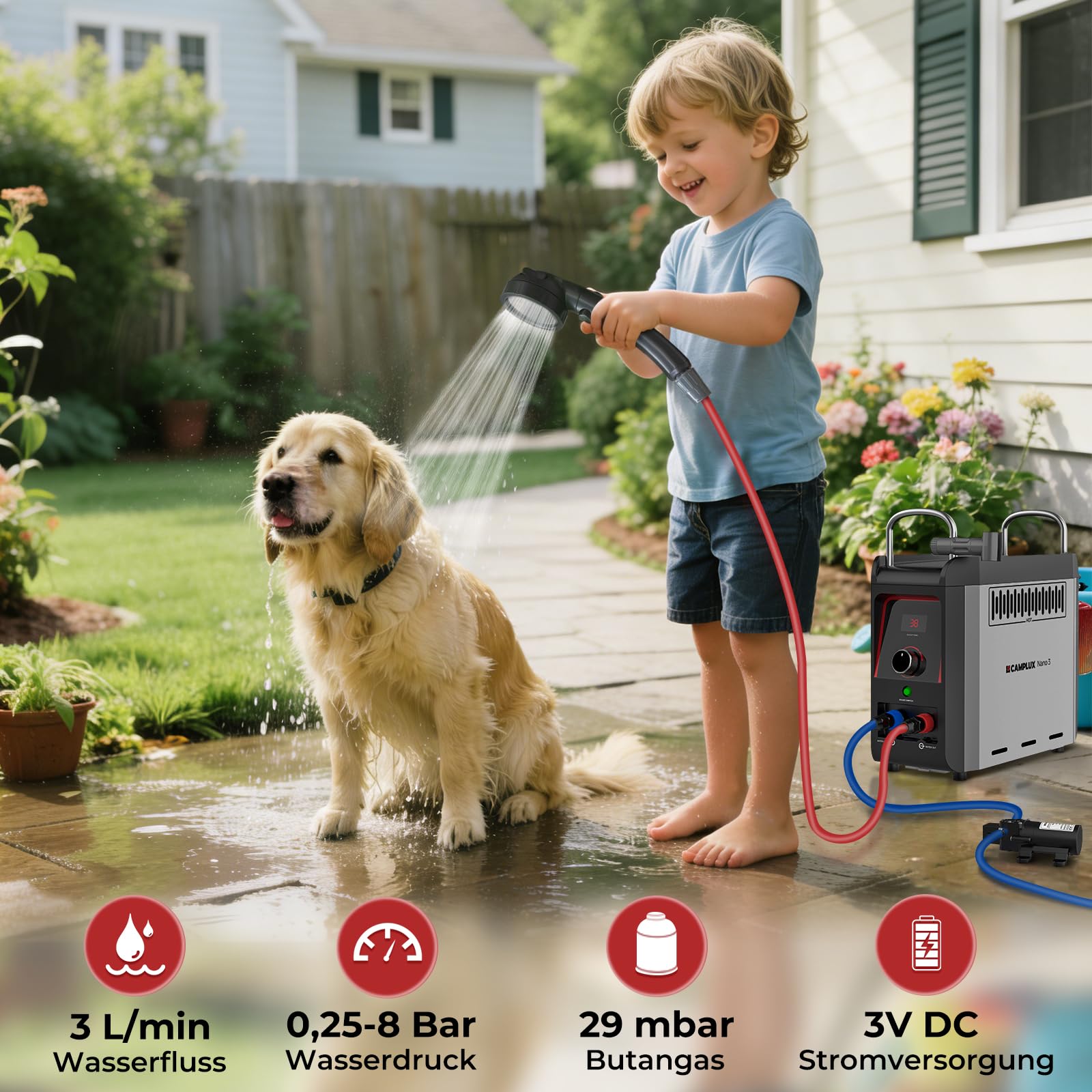 CAMPLUX Nano Gasdurchlauferhitzer mit Wasserpumpe, 3 L/min, Mobile Heißwasserquelle für Wohnmobil, Outdoor & Camping, Nano 3