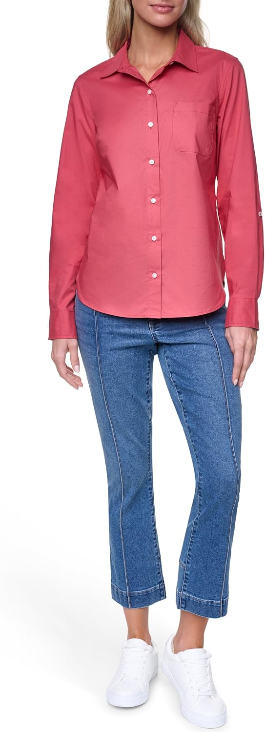 Nautica Women's Button Front Long Sleeve Roll Tab Shirt